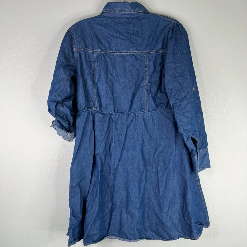 Justice Dress Girls 14/16 Blue Denim Chambray Embellished‎ Collar Roll Up Sleeve